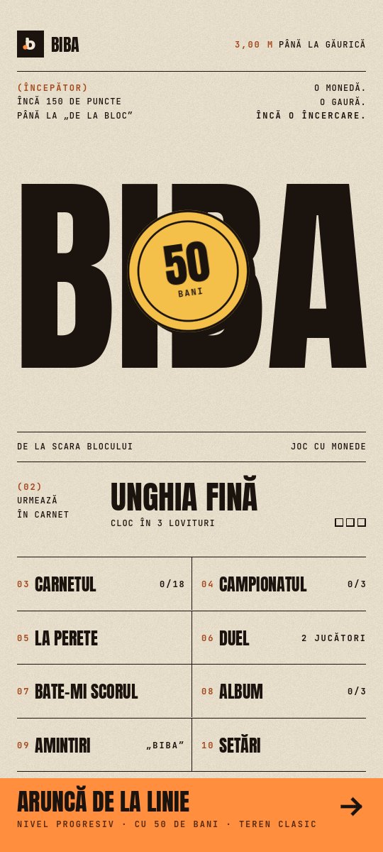Meniul jocului ca un afiș: BIBA, moneda de 50 de bani și următoarea lecție, Unghia fină